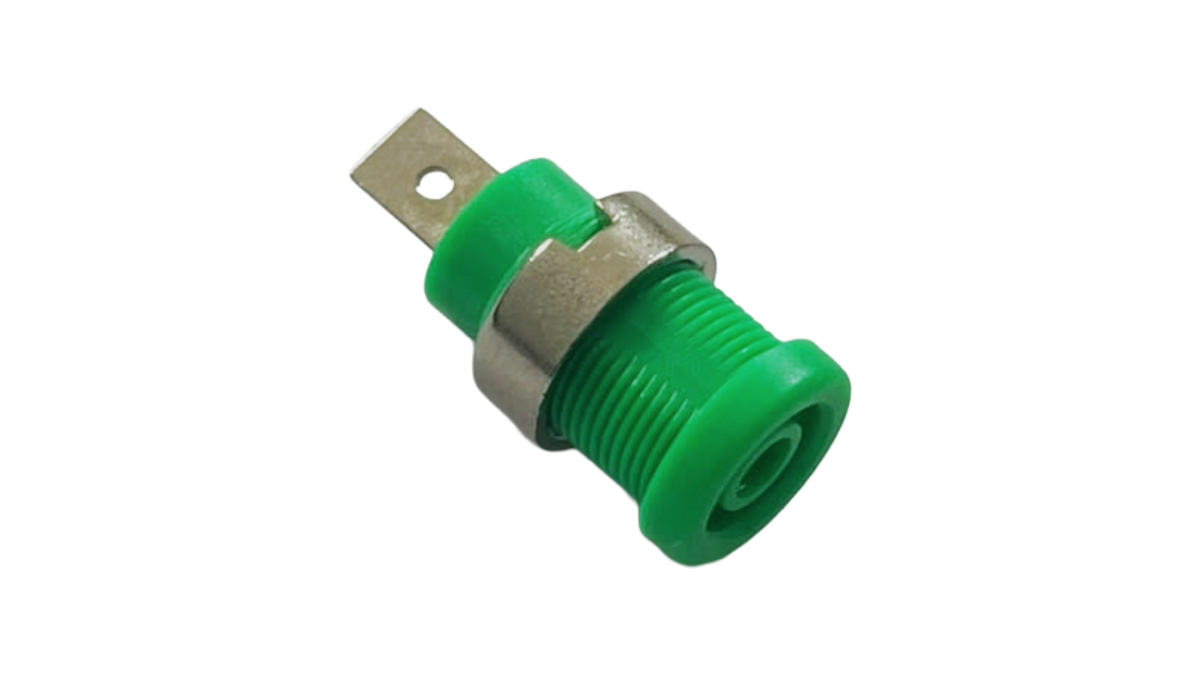 Green 4 mm banana socket with threaded body and solder terminal