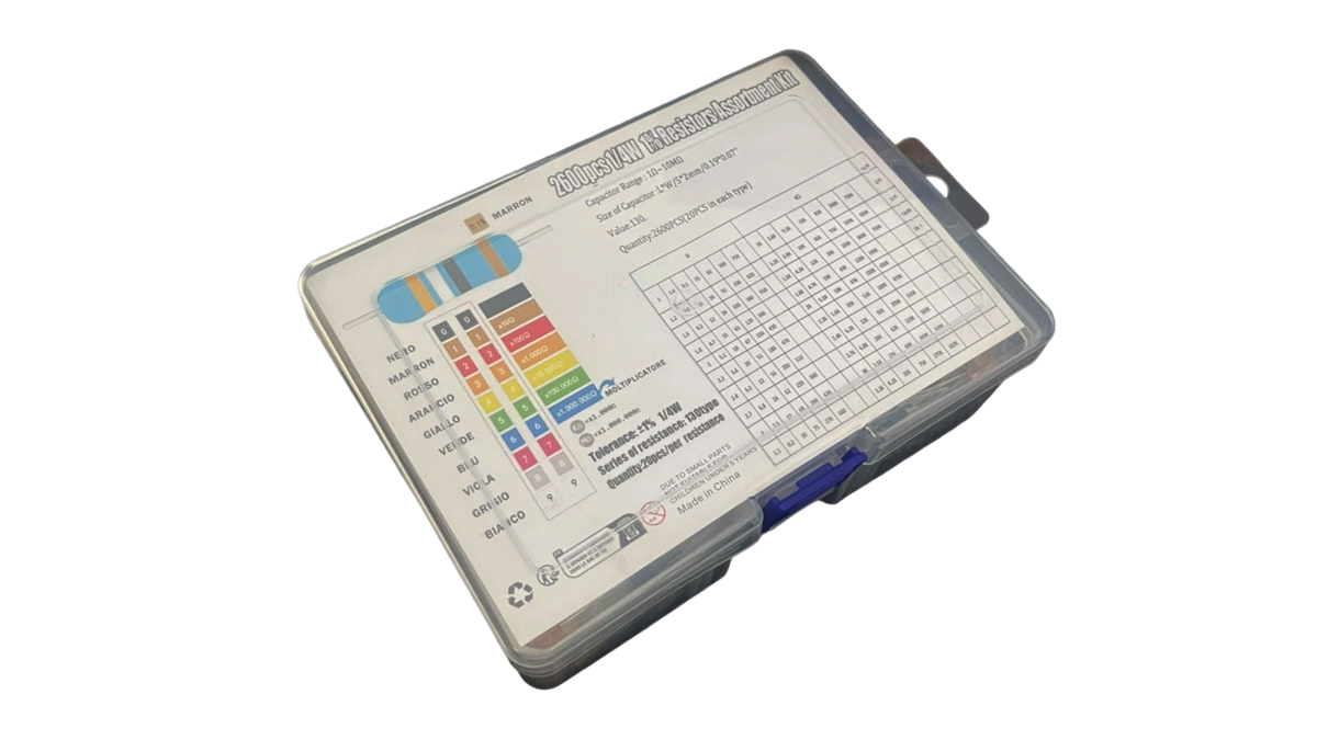 RES-SET-130T-1-4W metal film resistor assortment in labeled storage case, top view