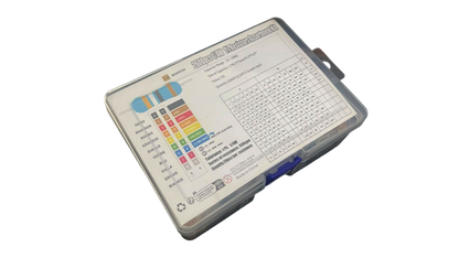 RES-SET-130T-1-4W metal film resistor assortment in labeled storage case, top view