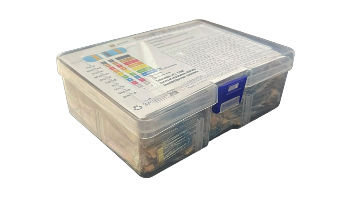 RES-SET-130T-1-4W metal film resistor assortment in labeled storage case, angled view