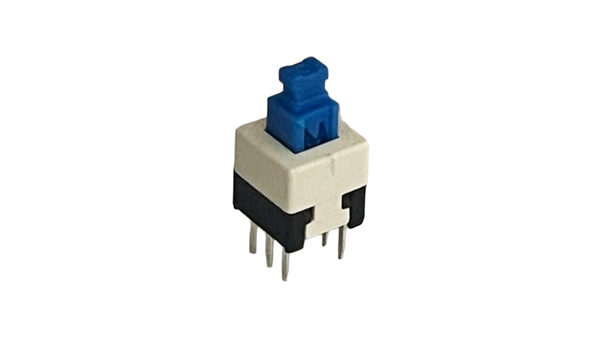 SW-PB-7X7 PCB push-button switch with blue actuator and four through-hole pins