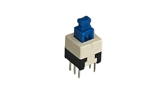 SW-PB-7X7 PCB push-button switch with blue actuator and four through-hole pins