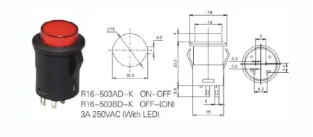 Push button switch with red indicator light and technical drawings on a white background