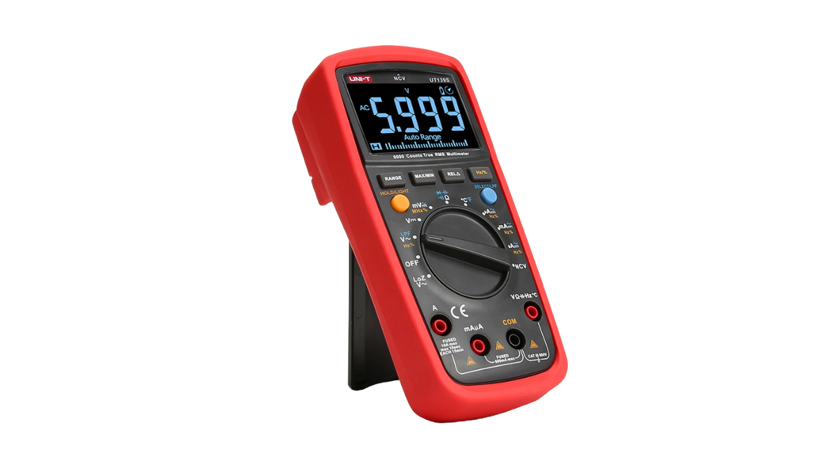 Red digital multimeter on a white background