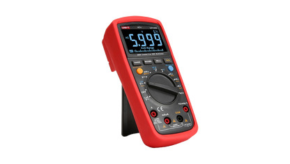 Red digital multimeter on a white background
