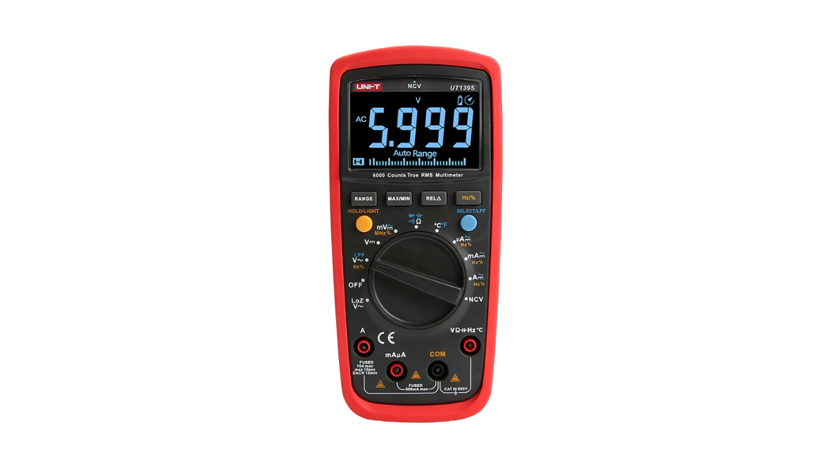 Digital multimeter with red casing on a white background