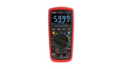 Digital multimeter with red casing on a white background