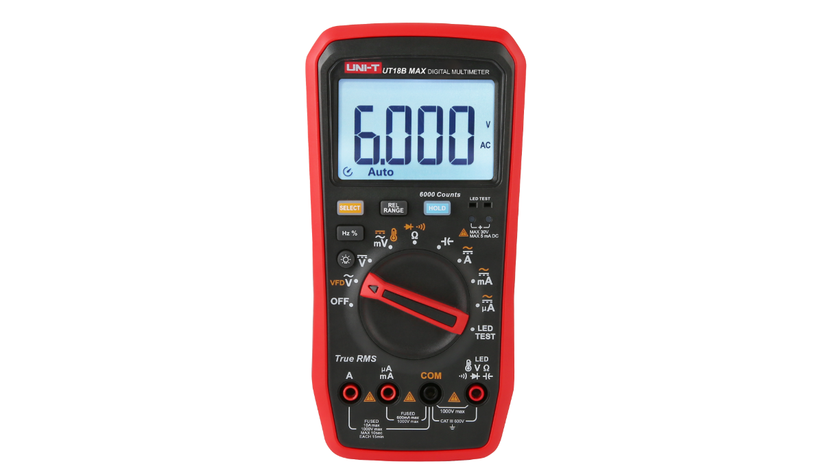 Digital multimeter with a red casing on a white background