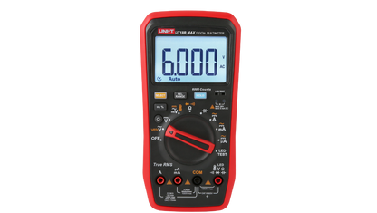 Digital multimeter with a red casing on a white background