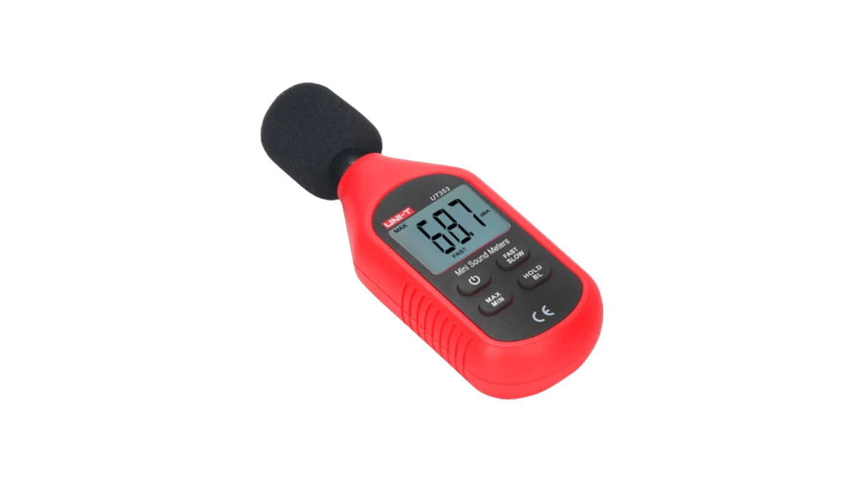Red sound level meter on a white background