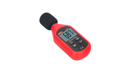Red sound level meter on a white background