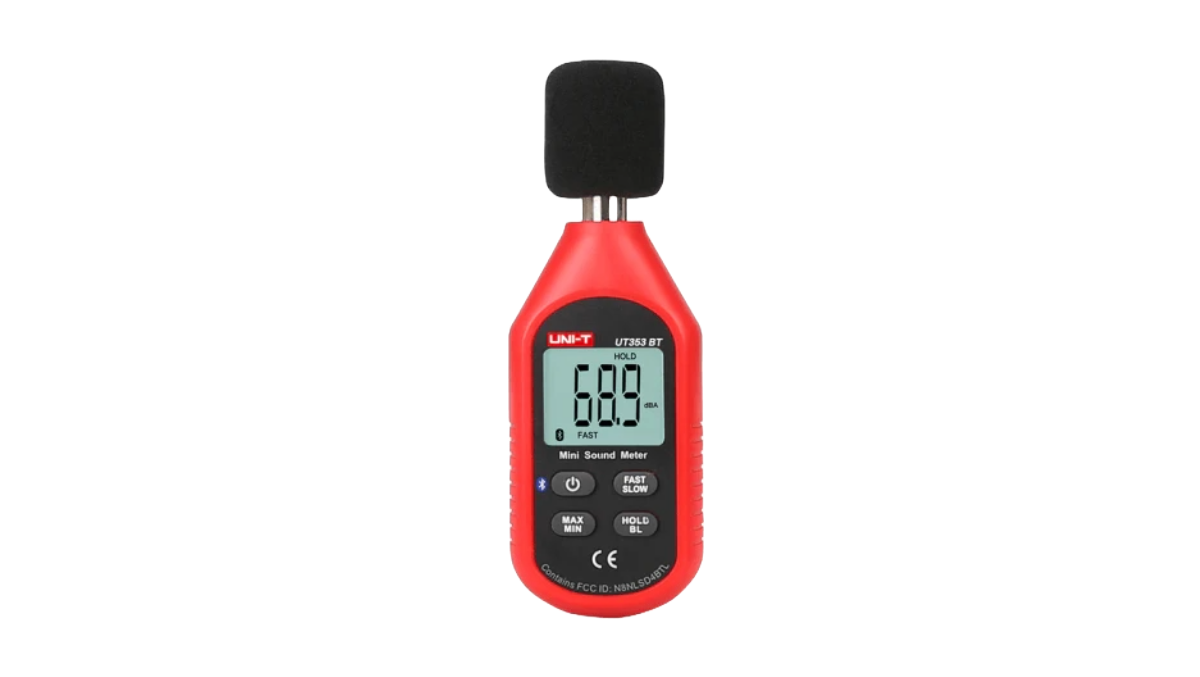 Red sound level meter with digital display on a white background