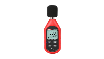 Red sound level meter with digital display on a white background