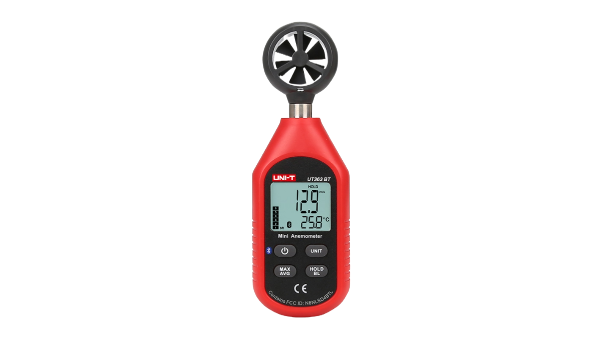 Red digital anemometer with a black fan on a white background - UT363BT
