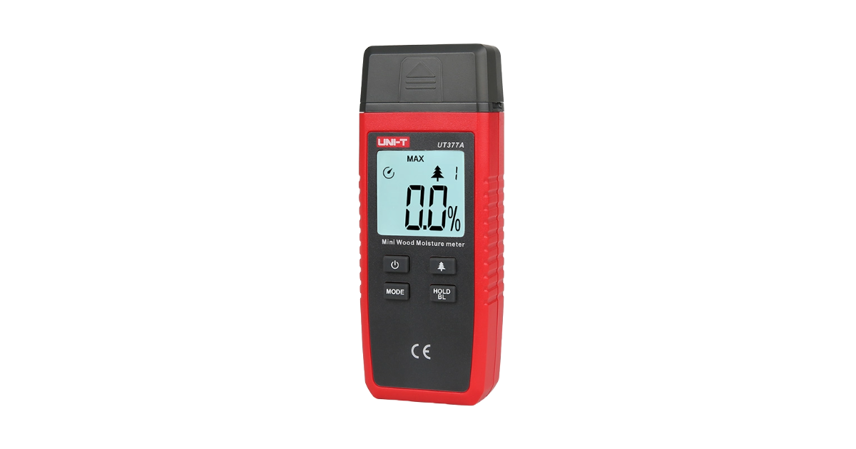 Digital moisture meter with red and black design on a white background