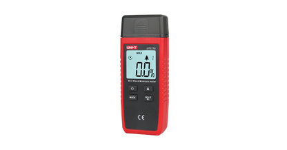 Digital moisture meter with red and black design on a white background
