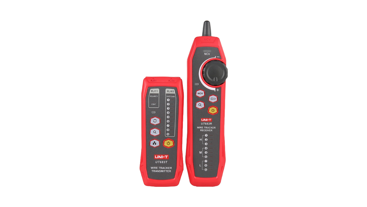 Red and black electrical tester on a white background - Wire Tracker Transmitter