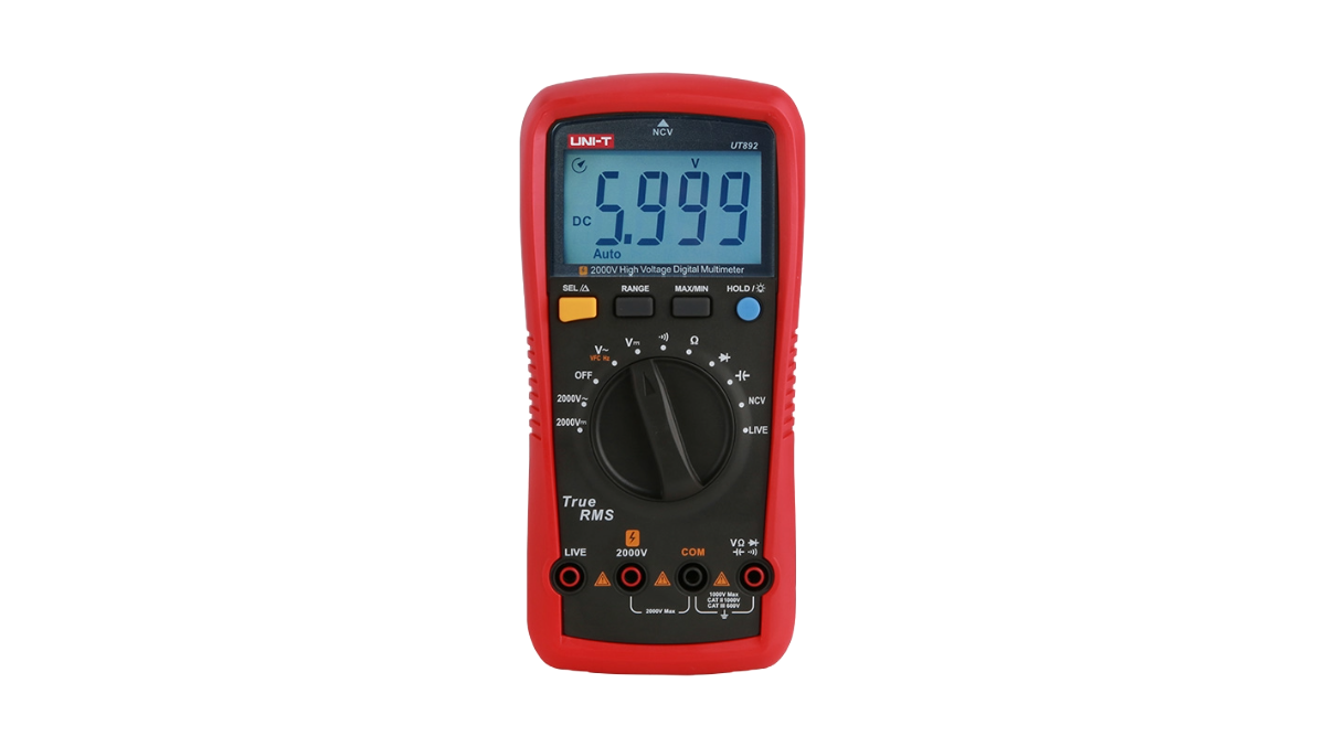 Red multimeter with digital display on a white background