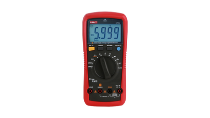 Red multimeter with digital display on a white background