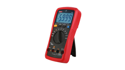 Red digital multimeter on a white background