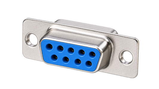 DB9 female 9-contact D-sub connector with blue socket face and silver metal shell
