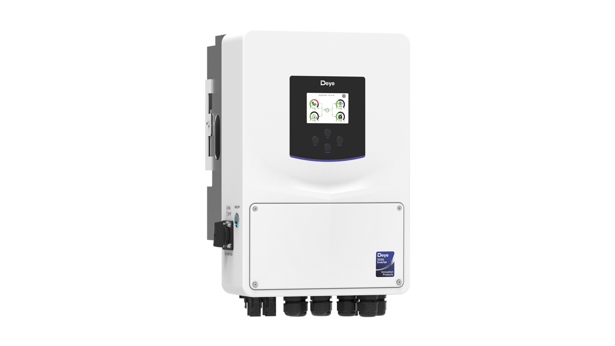 Deye SUN-6K-SG06LP1-EU-CM2 6 kW hybrid solar inverter, three-quarter view