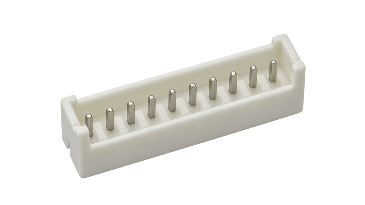 XH2.54-10P straight male PCB header top mating-side view with 10 pins and white housing