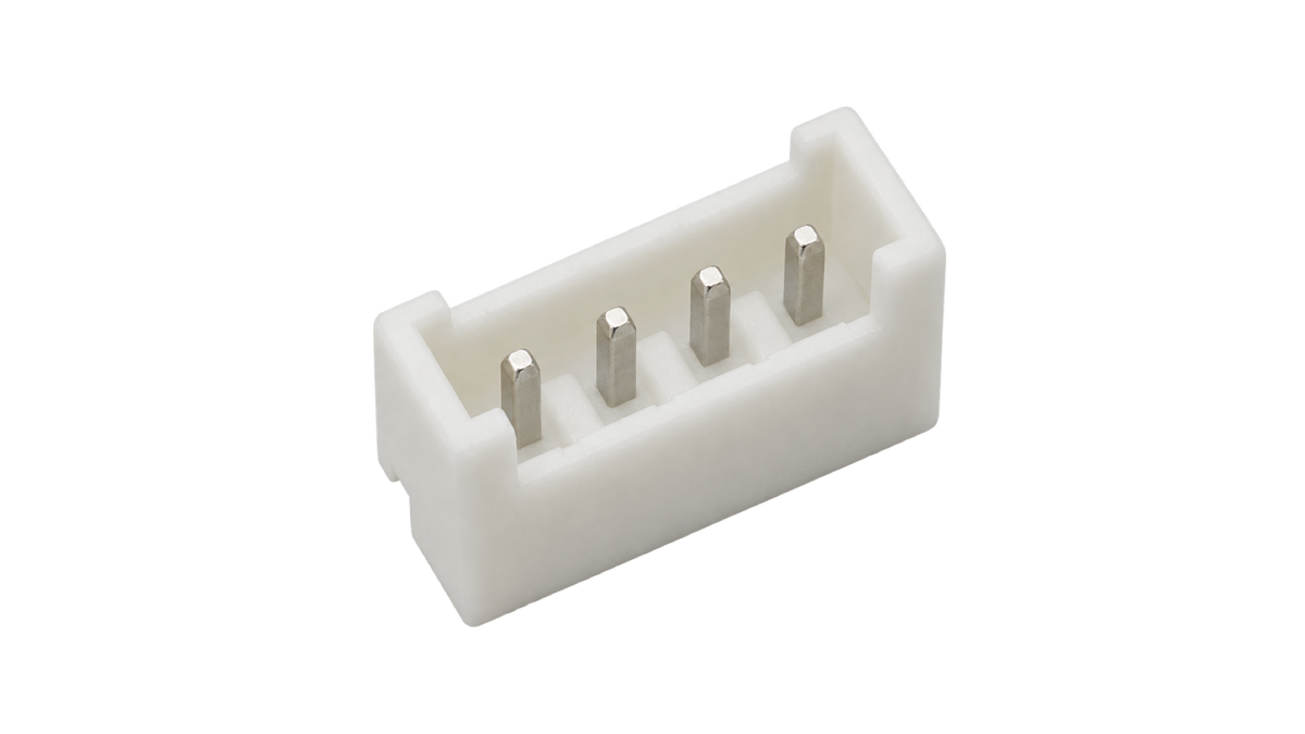 XH2.54-4P straight male PCB header top mating-side view with 4 pins and white housing