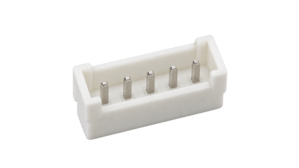 XH2.54-5P straight male PCB header top mating-side view with 5 pins and white housing