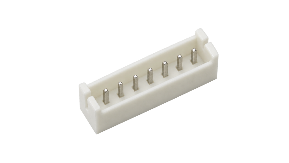 XH2.54-8P straight male PCB header top mating-side view with 8 pins and white housing